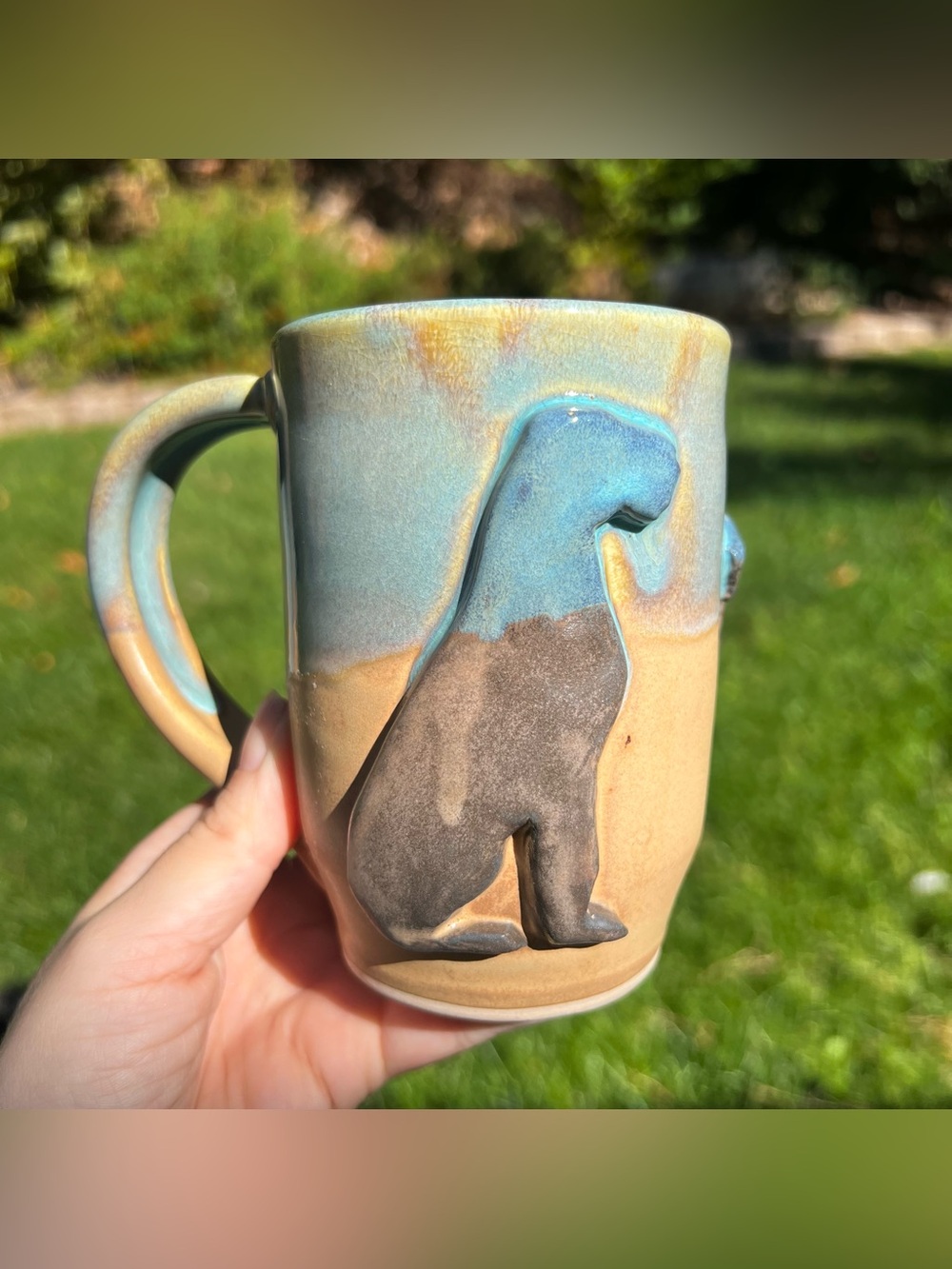 Art Studio Pottery 3D Ceramic Dog Mug with Drip Glaze Artist Stamped Blue Tan